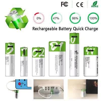 USB AAA/AA/9V/C2/D1 Rechargeable Battery 1.5V Fast Charger Type C Cable Lot • $12.99