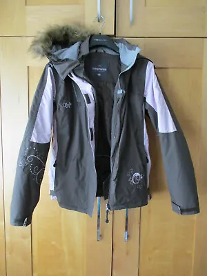 Ladies 12 Anorak Jacket Rain Coat Mushroom Brown & Pink W Fur Hood Windbreaker • £45
