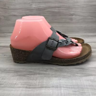 Mila Paoli Sandals Women's 7 Blue Leather Slip On Toe Strap Wedge Shoes • $31.20