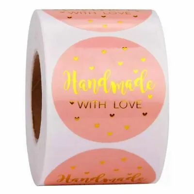 Stickers Hand Made With Love Pink Round Thank You Labels Gift Food Craft Box • £1.29