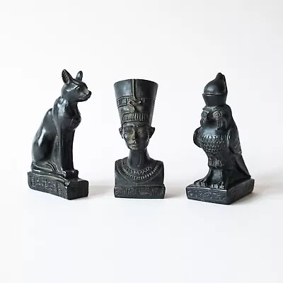 EGYPTIAN Ornaments Figurines Set HORUS NEFERTITI BASTET Deity Cat Bird Statues • £20