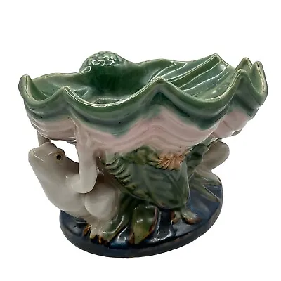Majolica Pottery Pedestal Bowl Centerpiece Compote Green Double Frog VTG Asian • $115