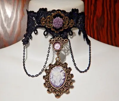 LAVENDER FLOWERS Cameo Black Lace Victorian Collar Choker Necklace Steampunk M6 • $13.99