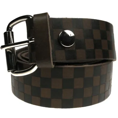 Checkered Brown & Black Real Leather Belt 1.5 Inch 38mm Retro Trendy Squares • £17.95