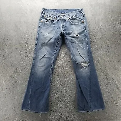 True Religion Jeans Mens 30x29 Blue Joey Big T Flap Pockets Ripped Denim • $78.99