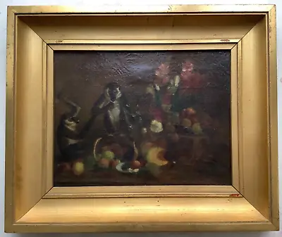 19th Century Impressionism Monkeys In An Interior With Fruits And Flowers Oil • $1050