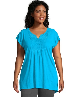 $13.97 • Buy Just My Size Short-Sleeve Slub-Jersey Womens Tunic Crochet Bib Yoke Split V-neck