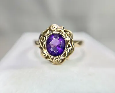 Vintage 10k Rose Gold Natural Oval Shape Purple Amethyst Bezel Set Filigree Ring • $199