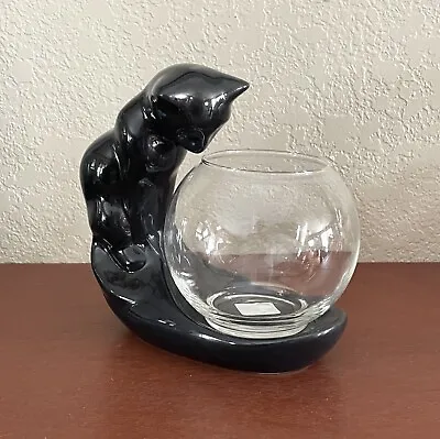 MCM Royal Haeger Black Cat Pottery Sculpture Libbey Glass Fish Bowl Planter • $44.99