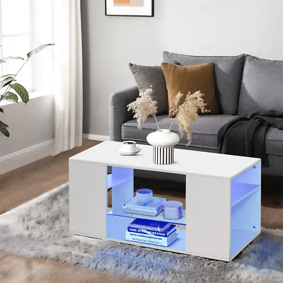 $123.49 • Buy Modern High Gloss LED Coffee Table Center Table With Glass Shelf Living Room
