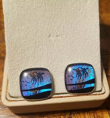 Vintage Screwback Earrings Sunset Scene Beach And Palm Trees Iridescent • $12.99