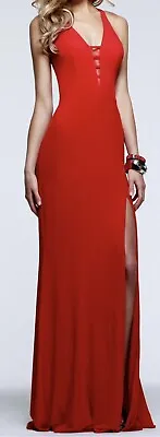 Women’s Red Faviana Prom Gown Long Dress Strappy Back V Neck Mesh Front Size 2 • $64.99