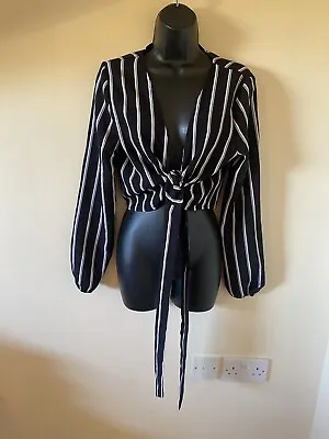 Missguided Black/white Striped Tie Front Top Size 12 • £3.50