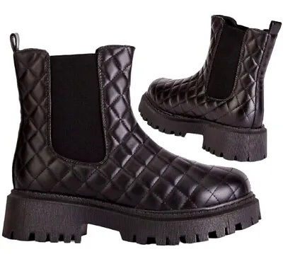 £16.80 • Buy Womens Wide Fit Flat Chunky Platform Sole Chelsea Slip On Ankle Boots Shoes Size