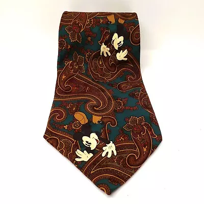 Disney 100% Silk Tie Mickey Mouse Paisley Green Brown Handmade Korea • $14.99