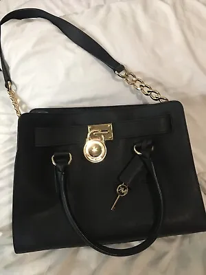 Michael Kors Hamilton Medium Black Gold Saffiano Leather Satchel Tote Handbag  • $35