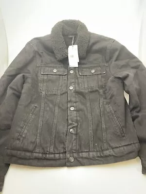 New MANGO Mens Shearling BLACK Denim Jacket Size L NWT • $64.99