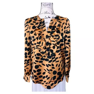 J Crew Cheetah Print Ruffle Neck Blouse Size XS Brown Black Long Sleeve • $25