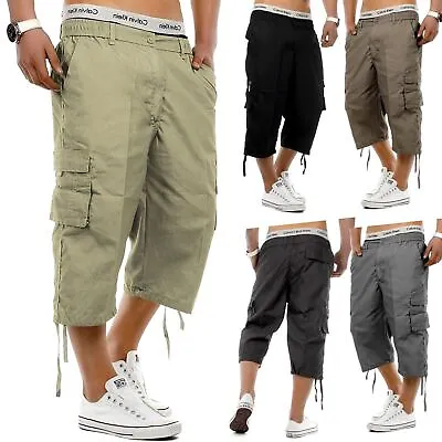 Mens 3/4 Shorts Elasticated Waist Long Length Cargo Combat Three Quarter Pants • £10.99