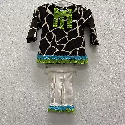 Mud Pie Baby 12-18 Mo Infant Furry Giraffe Print Ruffle Dress + Pants 2Pc Set • $14.65