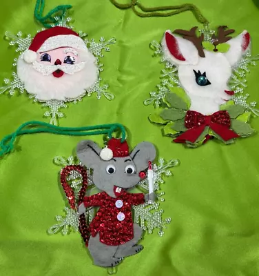 Lot Of 3 Vintage Felt & Sequins Christmas Ornaments Santa Reindeer Mouse 2 Sides • $25