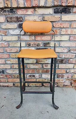 MCM Industrial Metal Stool With Orange Cushioned Seat & Swival Back. Adjustable. • $199