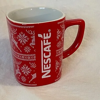 Nescafe Ceramic Coffee Tea Cup Mug Winter Holiday Reindeer Snowflakes Red 11 Oz • $12.99