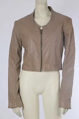 VEDA Beige Leather Zipper Cropped Moto Jacket Size L • $95.99