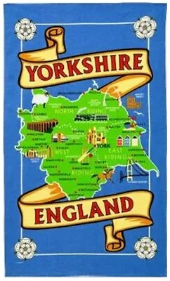 Yorkshire Map Tea Towel Souvenir Gift County Whitby Abbey Dales York White Rose • £5.49