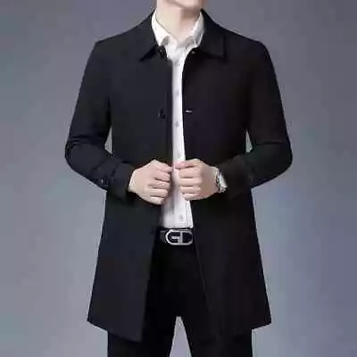 Business Casual Trench Coats Men Turn-Down Collar Solid Color Long Mens Jacket • $64.92