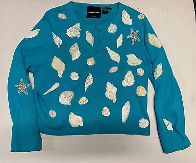 Michael Simon Teal Blue Beaded Shell Starfish Sweater Size Large Read • $42.50
