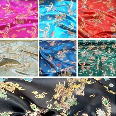 £1.50 • Buy Brocade Chinese Dragon Fabric Embroidered Silky Satin Oriental 90cm Wide  