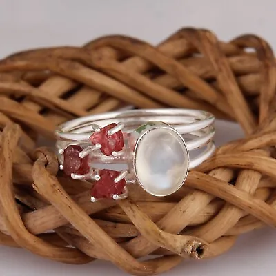 Raw Ruby And Oval Moonstone Multi Band Ring Sterling Silver Engagement Ring • $26.99