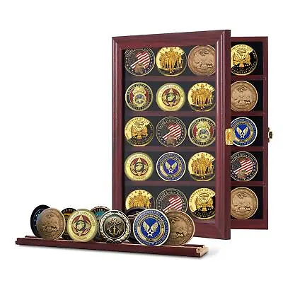 Military Challenge Coin Display Case Lockable Cabinet Rack Holder Shadow Box ... • $43.62