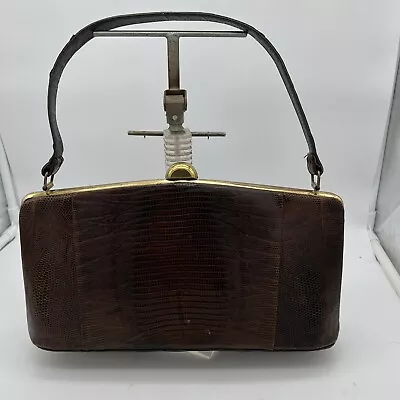 Vintage 50s Purse Handbag Brown Leather Lizard Look & Brass 11 In X 5 1/2 In • $45