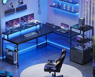 L Shaped Gaming Desk 51  Computer Desk With Storage Shelves &LED Lights (Black) • $119.97