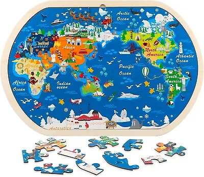 31 Piece Wooden World Map Jigsaw Puzzle Educational Montessori Toys For Kids 3+ • £11.99