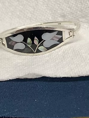 Vintage Abalone Shell Flowers Inlay 925 Sterling Silver Mexico Hinged Bracelet • $12.99