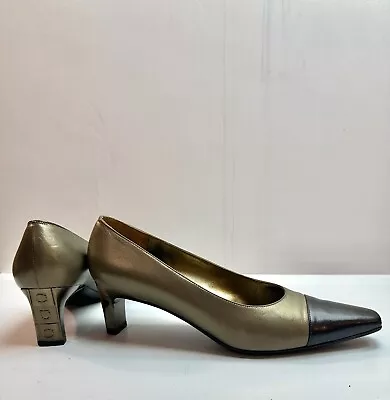 Salvatore Ferragamo Bronze Cap Toe Low Pumps Shoes Gold Pewter Women’s Sz 6.5 B • $69.96