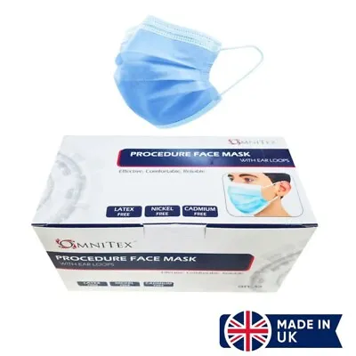 Omnitex Type IIR Blue Face Masks With Ear Loops - Pack Of 50 - UK Made 3Ply Mask • £5.99