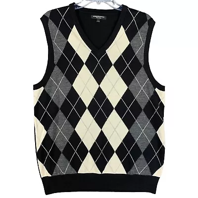 Vintage Express Design Studio Mens L Merino Wool Sweater Vest Argyle Black White • $24.88