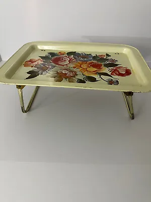 Vintage MCM TV Table Bed Lap Tray Metal Folding Legs -Aluminum - Floral • $50