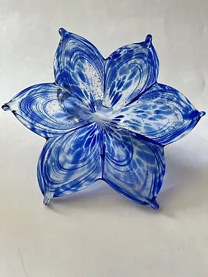 ART GLASS BLUE SWIRL STEM GLASS FLOWER SIX POINTS Murano Style Made In Italy • £20.24
