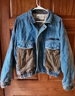 VTG Mirage Authentic Wear Mens Sz M Blue Denim Bomber Jacket Coat Aztec Pattern • $39.99