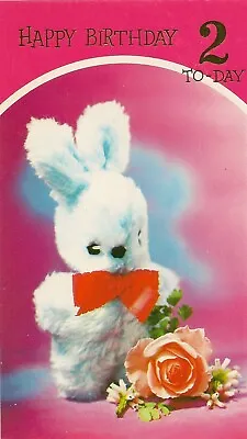 2nd Happy Birthday 2 Years Old Girls Vintage Greeting Card ~ Pink Bunny Rabbit • £1.99