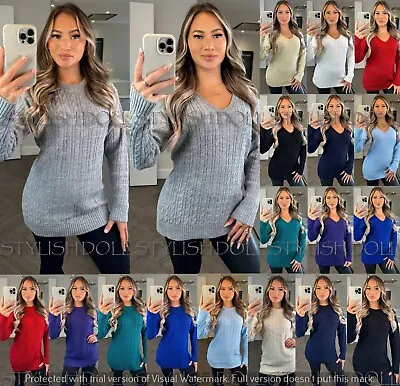 Womens Twist Cable Knitted V Neck Jumper Ladies Long Sleeve Winter Sweater Tops • £12.95