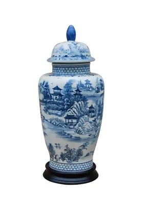 $229.99 • Buy Beautiful Blue And White Porcelain Landscape Blue Willow Temple Jar 16 