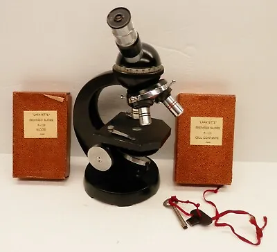 Vintage HEAVY Microscope W/Locking Wooden Box & Slides Kit • $299.99