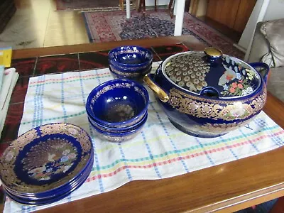 Moroccan Taous Blue Gold COBALT PEACOCK  PLATES   Soup Terrine Bowls  CHINA NEW • $169