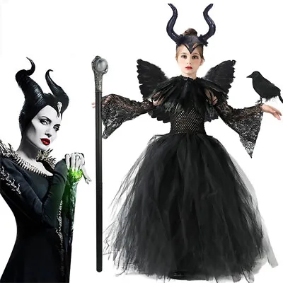 UK 5Pcs Set Kids Maleficent Cosplay Costume Dress Headband Girl Halloween Outfit • £9.59